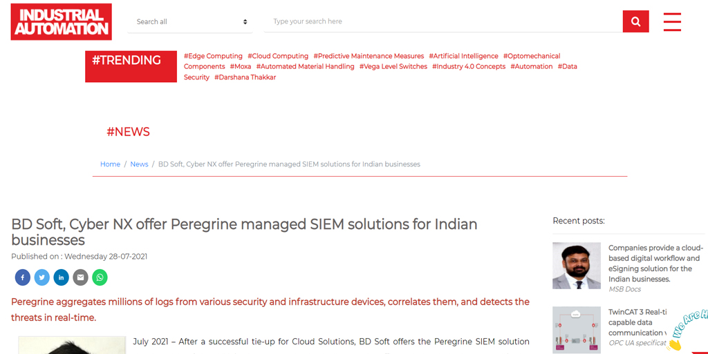 Read more about the article BD Soft, Cyber NX offer Peregrine managed SIEM solutions for Indian businesses