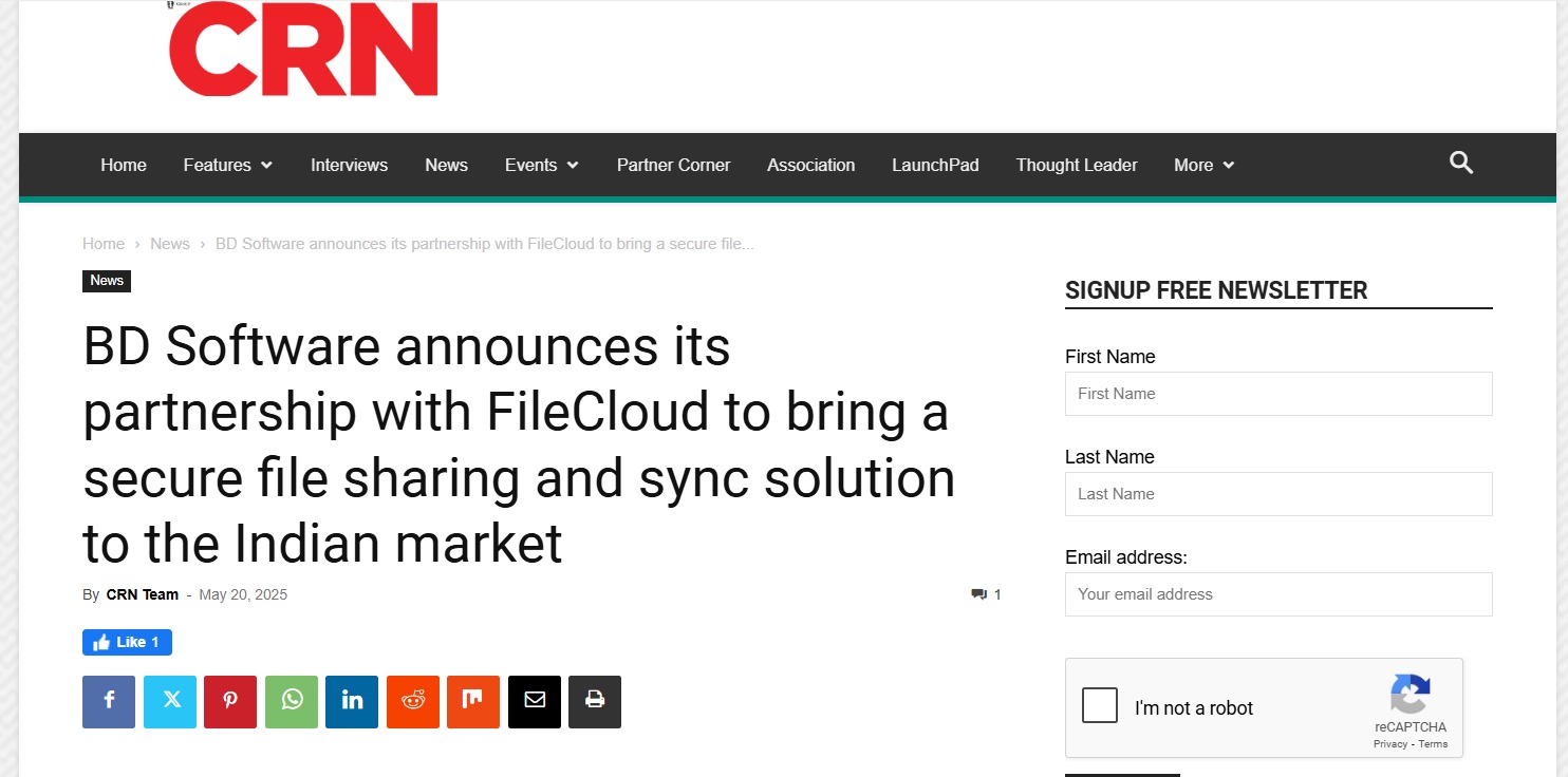 Read more about the article CRN – BD Software announces its partnership with FileCloud to bring a secure file sharing and sync solution to the Indian market