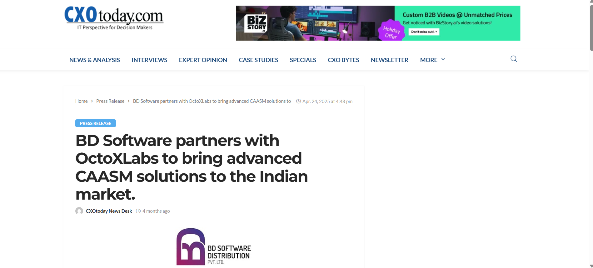 Read more about the article CXO Today – BD Software partners with OctoXLabs to bring advanced CAASM solutions to the Indian market