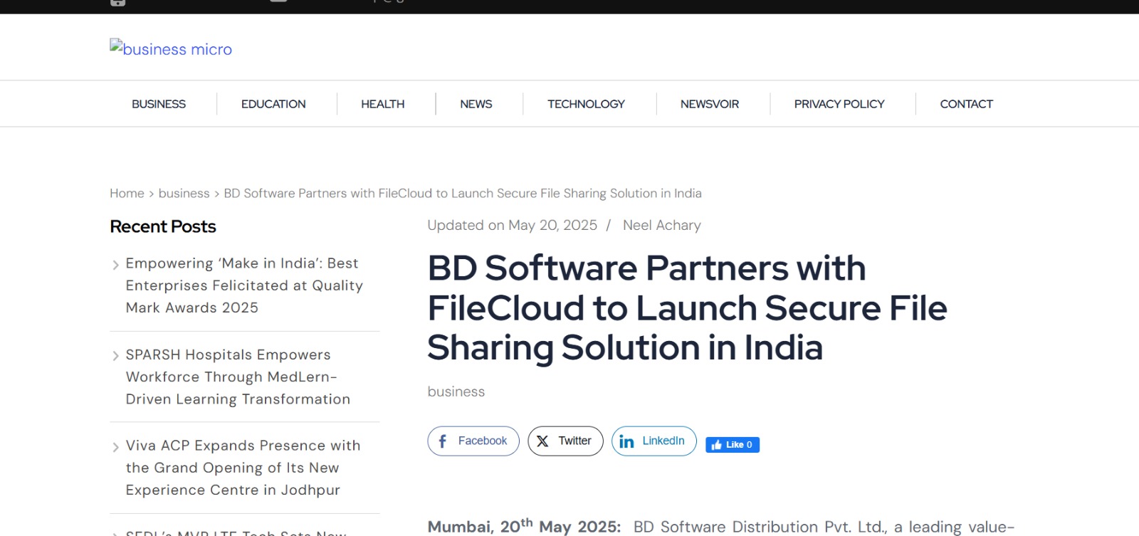 Read more about the article Business Micro – BD Software Partners with FileCloud to Launch Secure File Sharing Solution in India