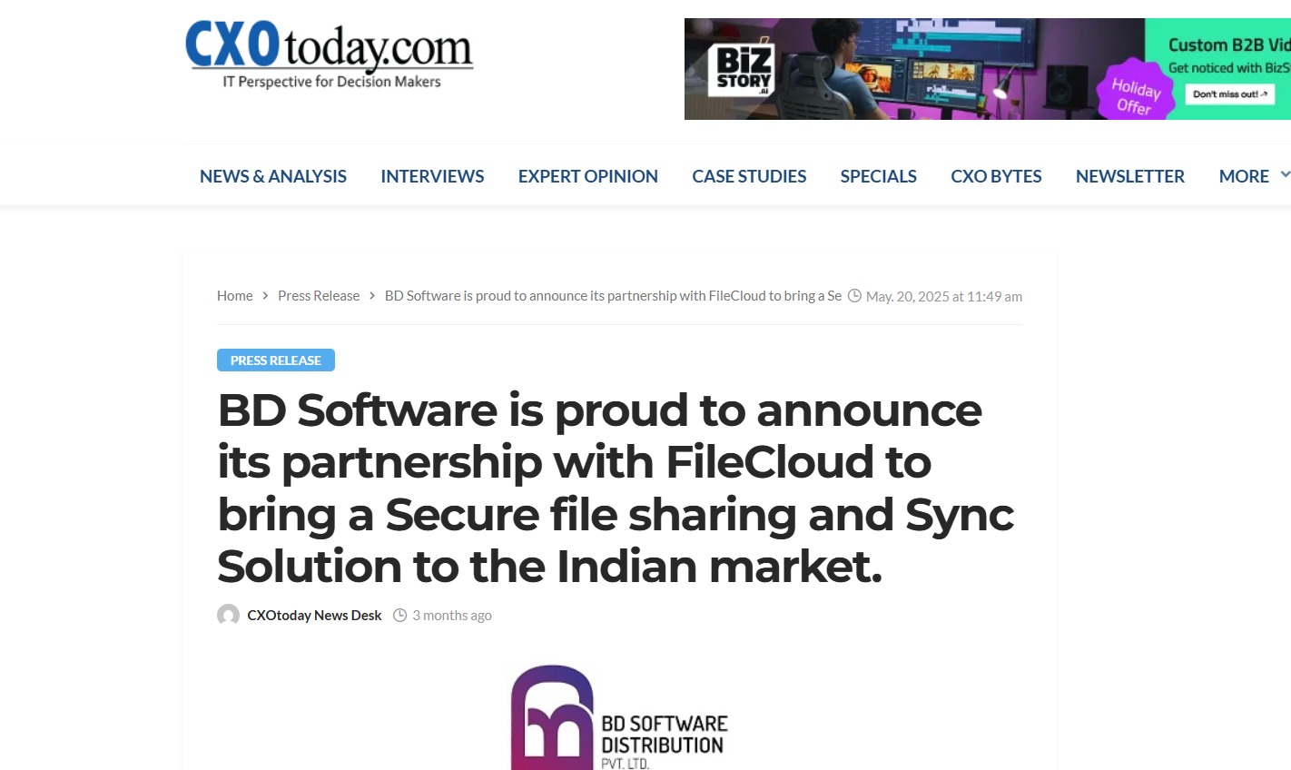 Read more about the article CXO Today – BD Software is proud to announce its partnership with FileCloud to bring a Secure file sharing and Sync Solution to the Indian market.